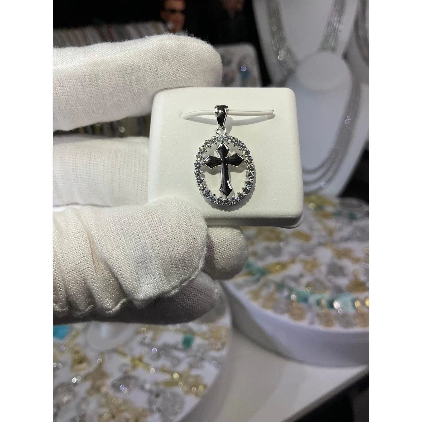 Sterling Silver Moissanite CH Cross Halo Medallion Pendant