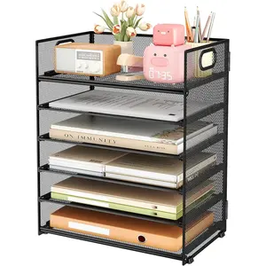 6 Tier Paper File Tray Organizer for Desk, Black Mesh Desk Letter Paper File Folder Accessories Sorter Organizer with Handle, Stackable Slid Tray for Office, Home or School Supplies Storage