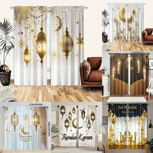 2 pieces of polyester curtains with Ramadan Eid theme, high-definition digital printing pattern, pole bag design, fade resistant, filter, machine washable, suitable for bedroom, living room and home decoration