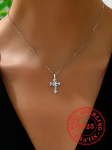 925 Sterling Silver Fashion Cross Design Pendant Necklace for Women, Artificial Zircon Decor Necklace, Trendy All-match & Exquisite Jewelry for Birthday Gift