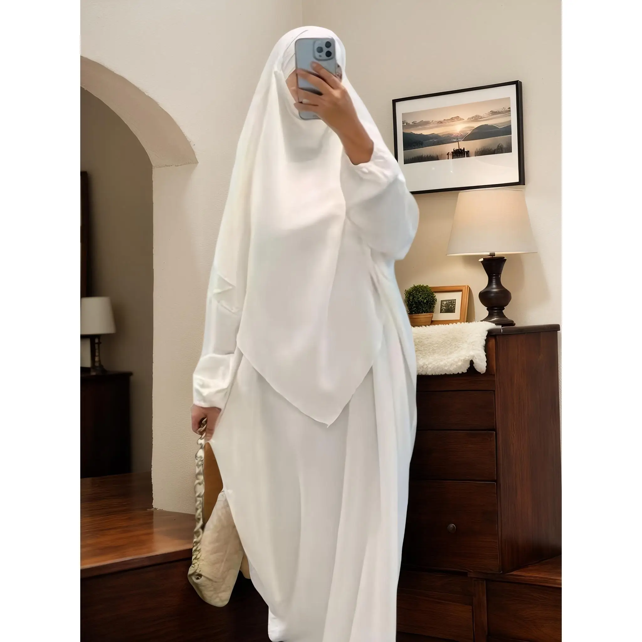Plus Size Simple Solid Maxi Abayas, Modest Long Sleeve Dress, Women's Plus Size Clothing, Two-piece set