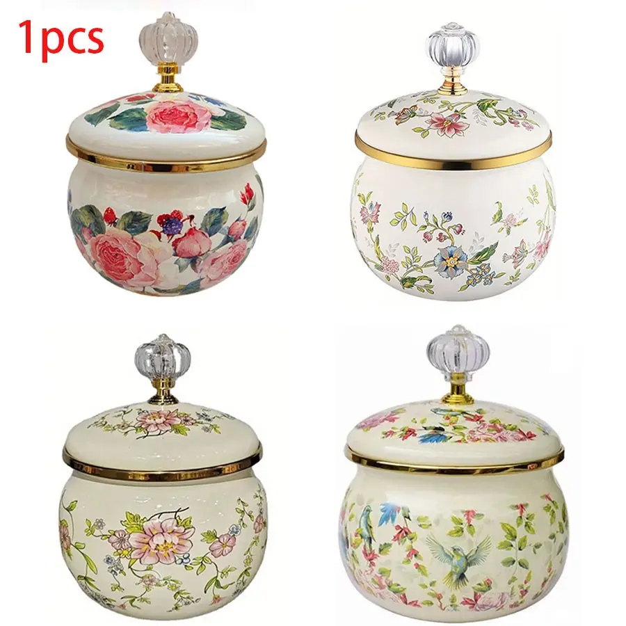 Multicolor Enamel Tea Canister, Halloween Gift with Floral Pattern, Decorative Aesthetic Storage Jar Containers for Coffee Beans, Spices, Kitchen Essentials, Enamel Canisters