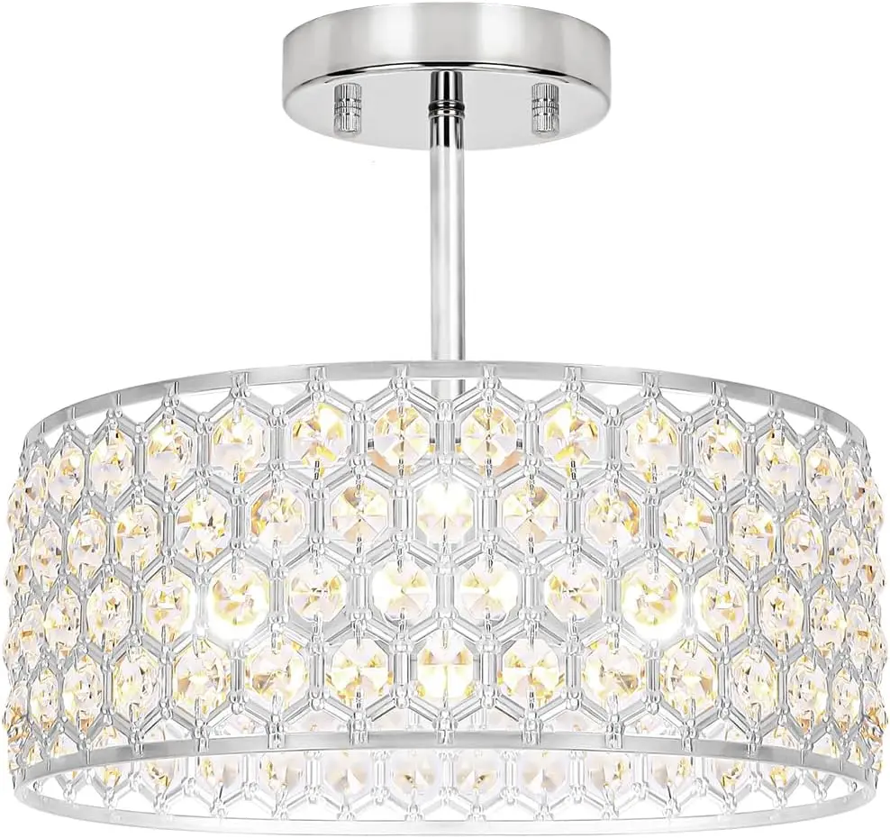 Lxybcce Chrome Crystal Ceiling Light Fixture - Modern Semi Flush Mount Ceiling Light for Hallway, Kitchen Lighting Fixtures Ceiling, Dazzling Prism Chandelier for Foyer Closet Bedroom, 3 Light, 12 in