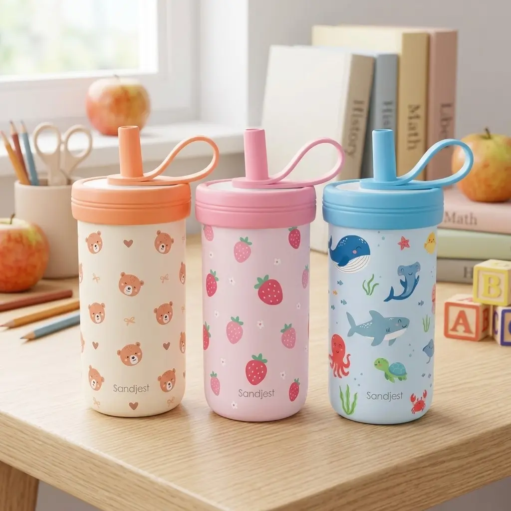 SANDJEST 14oz Durable Stainless Steel Spill-Resistant Straw Tumbler for Kids, Safe Silicone Lid Cup, Easy to Clean, Ideal for School, Birthday