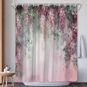 Floral Lavender Flower Shower Curtain Spring Weeping Wisteria Blossom Vine Leaves on Blurred Background with Dreamy Colors Girl Woman Bath Decor Polyester Fabric Curtains with Hook 70X70 Inch