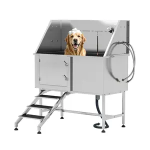 VanAcc Professional Dog Washing Station with Stairs - 304 Stainless Steel Pet Bathtub, Adjustable 3-Speed Showerhead, Removable Grates,Pet Wash Tub