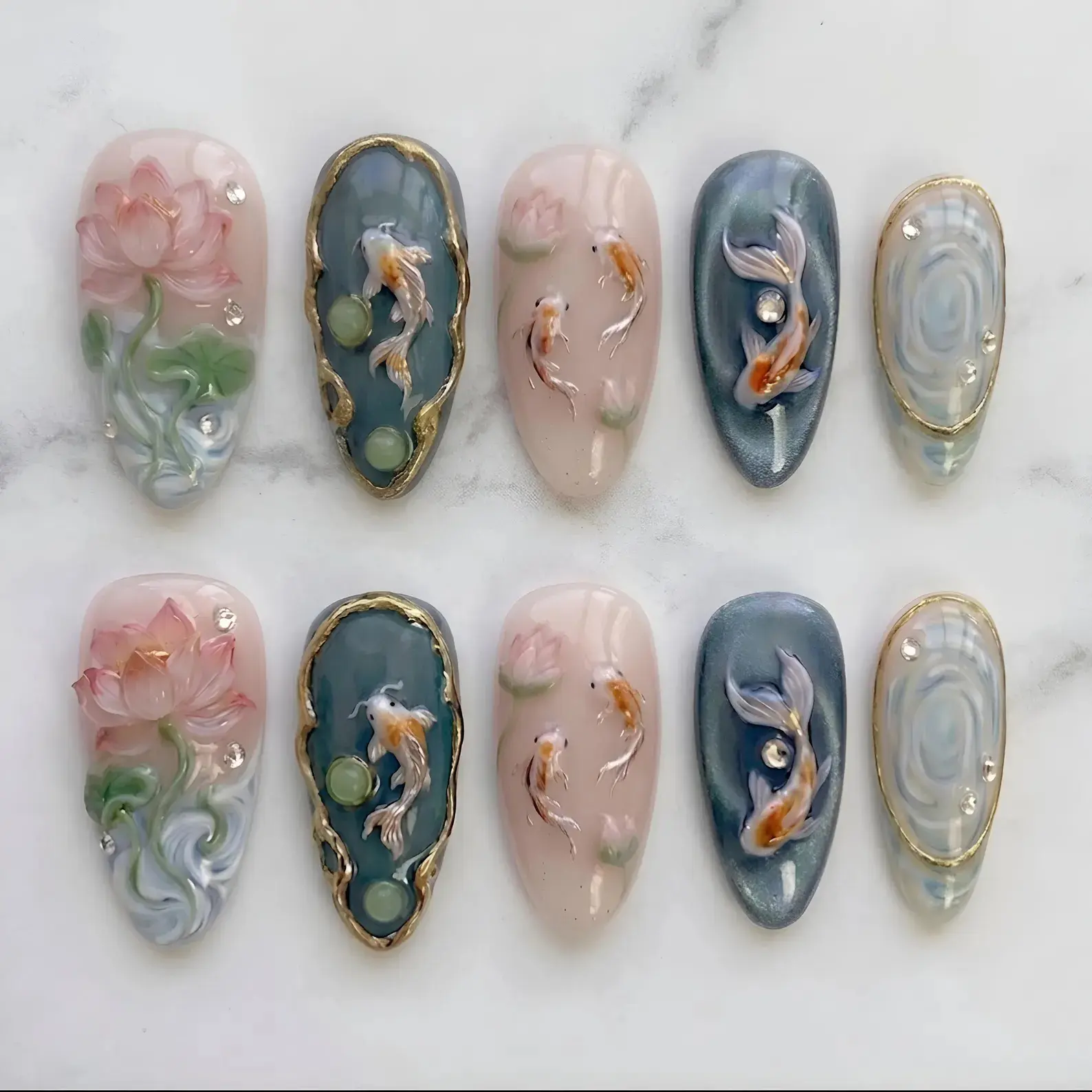 Koi Fish Press On Nails | Japanese Lotus Zen Water Design Gold Frame Nails | 3D Art Elegant Nail
