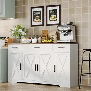 Modern Buffet Sideboard Kitchen Storage Cabinet With 3 Drawers,White 55" Large Farmhouse Buffet Cabinet With Shelves and Doors, Wood Coffee Bar for Living Room Dining Room Hallway