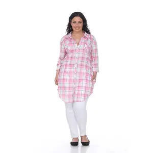 212 MAIN Plus Size Soft Woven Dog & Cat Dress - PS17556-03-2XL Piper Plaid Yarn-Dyed Stretchy Fabric Tunic, Long Sleeve, Roll-Up Cuff, Loose-Fitting, Button-Accented 03-Pink & White Casual Pet Clothes