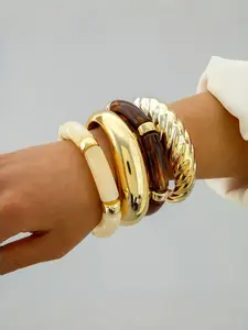 4pcs Chunky Statement Bracelet Set for Women, Resin Bangle Stack, Vintage Bold Layered Wrist Jewelry, Trendy Summer Accessories, Stackable Bracelets