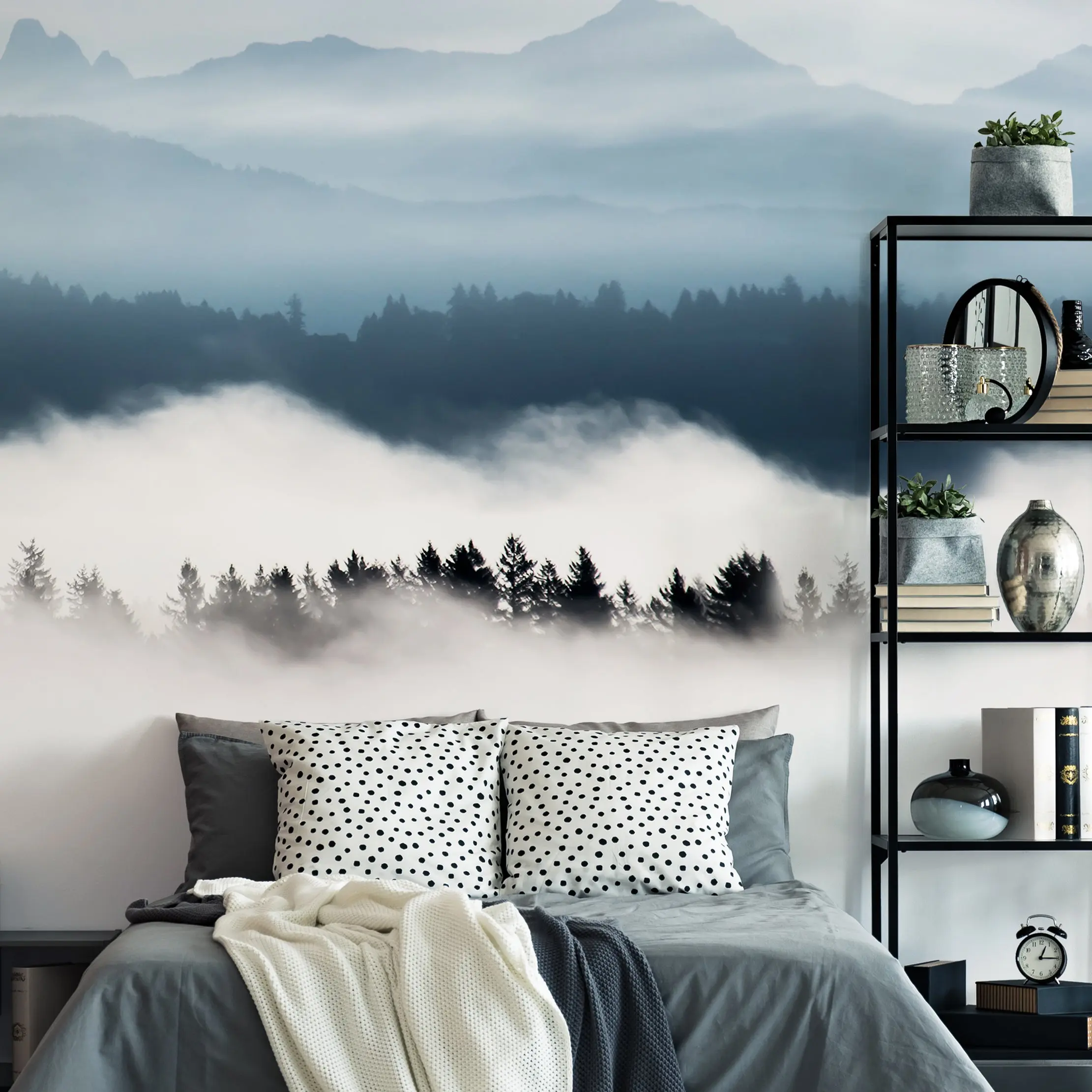 Horizon Mountains Morning Fog Mural Temporary Wallpaper, 144" Width, Non-Pasted Peel and Stick for Bedroom