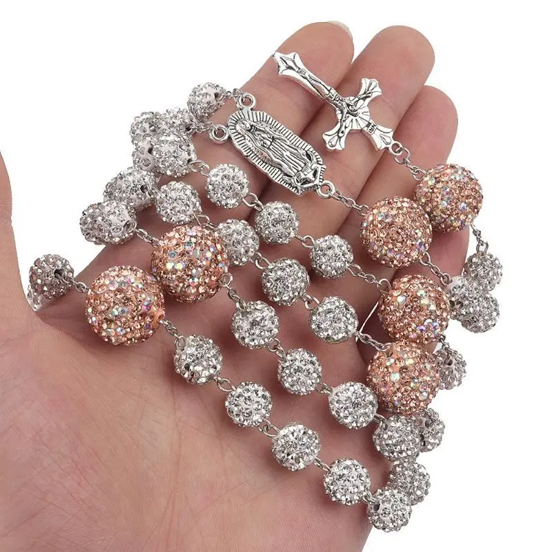 Long rosary cross necklace Sweater necklace Diamond gradient ball chain Men's and women's accessories Crystal cross pendant Long rosary cross necklace Sweater necklace Diamond gradient ball chain Men's and women's accessories Crystal cross pendant