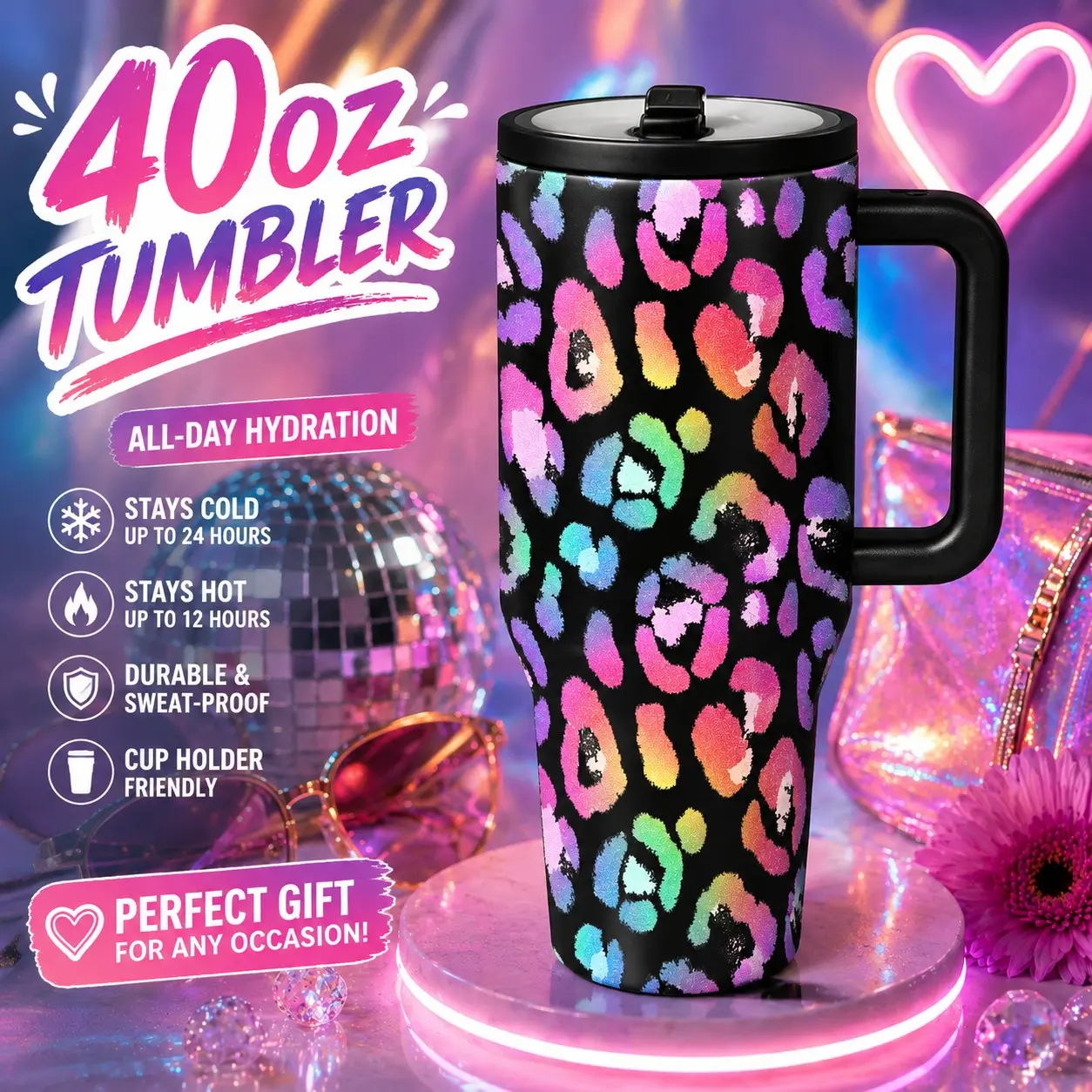 1 Pc 40oz Leopard Print Insulated Stainless Tumbler Mug, Double Wall, Leak-Proof, Keeps Hot for 12hrs, Keeps Cold for 24hrs, Perfect for Travel, Gym, Office, Outdoor, Stylish & Durable, Great Gift for Mother's Day, Nurse's Day, Holidays