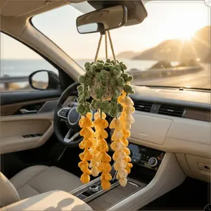 2026 New Crochet Hanging Plant Car Accessory Aesthetic Mirror Decor Boho Potted Succulent Ornament for Home Office Window Gift Idea for Mother's Day Birthday Christmas Anniversary New Car Owner Essential Year-Round Greenery Aesthetic Room Decor 1PC