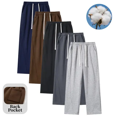 Men's Cotton Blend Casual Wide-Leg Sweatpants - Drawstring Loose Waist, Side Slits, Stylish Plain Long Fitness Casual Pants, Smooth Lounge Menswear