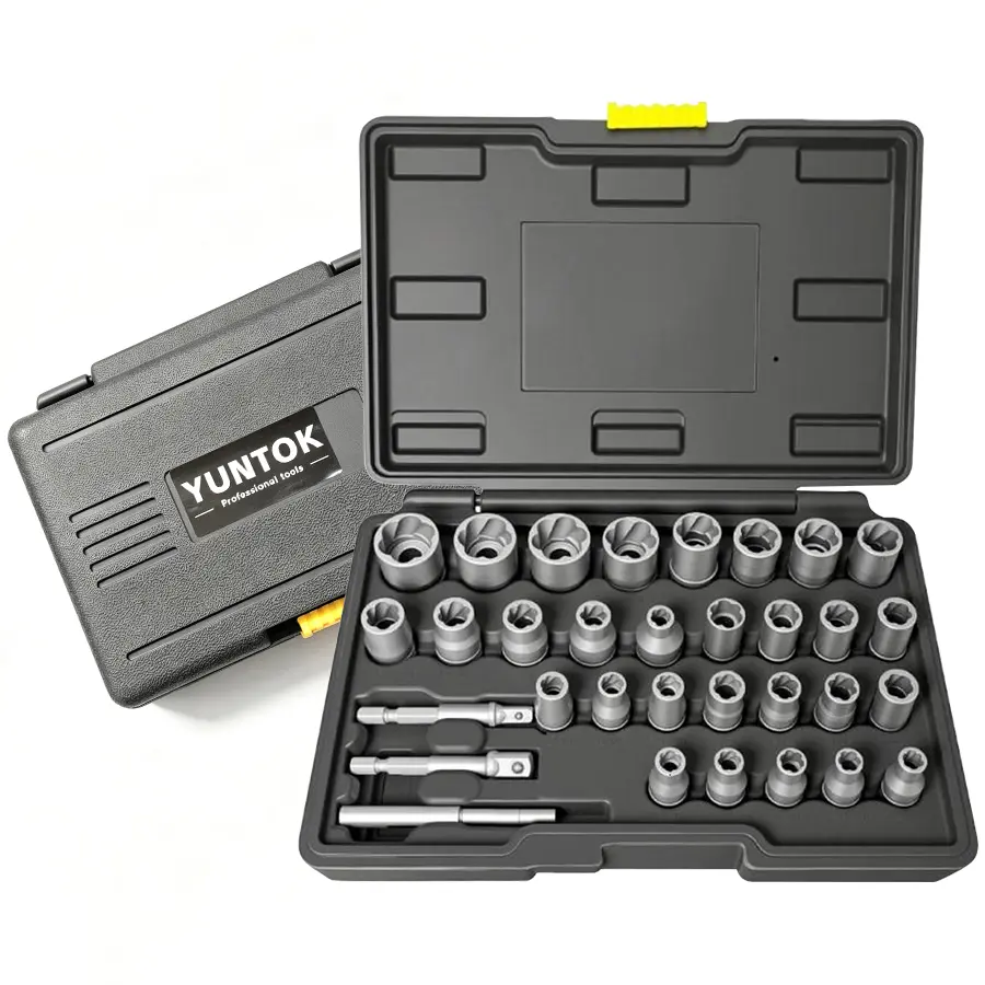 32 Pcs Bolt Extractor Kit, 1/4" & 3/8" Drive Impact Bolt & Nut Remover Set for Damaged, Rusted, Rounded-Off, Stripped Fasteners, 6-19mm, Cr-Mo Steel, Compact Design for Tight Spaces, Storage Case