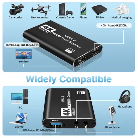 HDNKT 4K HDMI Loop-Out Audio Video Capture Card with Microphone, 1080p 60fps Recorder for Gaming, PS5 Compatible Accessories for PC Setup, OBS Recording Works with Switch/Camera/PC