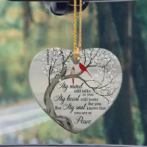 2D Acrylic Heart Shaped Car Rearview Mirror Hanging Ornament, Bird & Branch Pattern Car Rearview Mirror Pendant, Universal Car Interior Decoration Accessories, Car Accessory