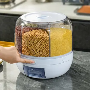 360-degree rotating rice storage container, grain storage bucket, dispenser specifically designed for grains and rice, with a push mechanism and cup, and includes six compartments, Food Storage Container