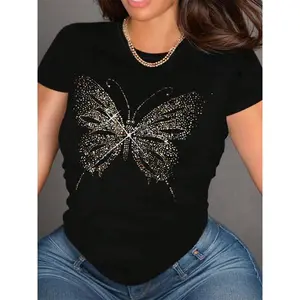Women's Butterfly Print Round Neck Tee, Fashion Casual Crew Neck Short Sleeve T-shirt for Daily Holiday Vacation Outdoor Wear, Ladies Clothes for Summer, Womenswear