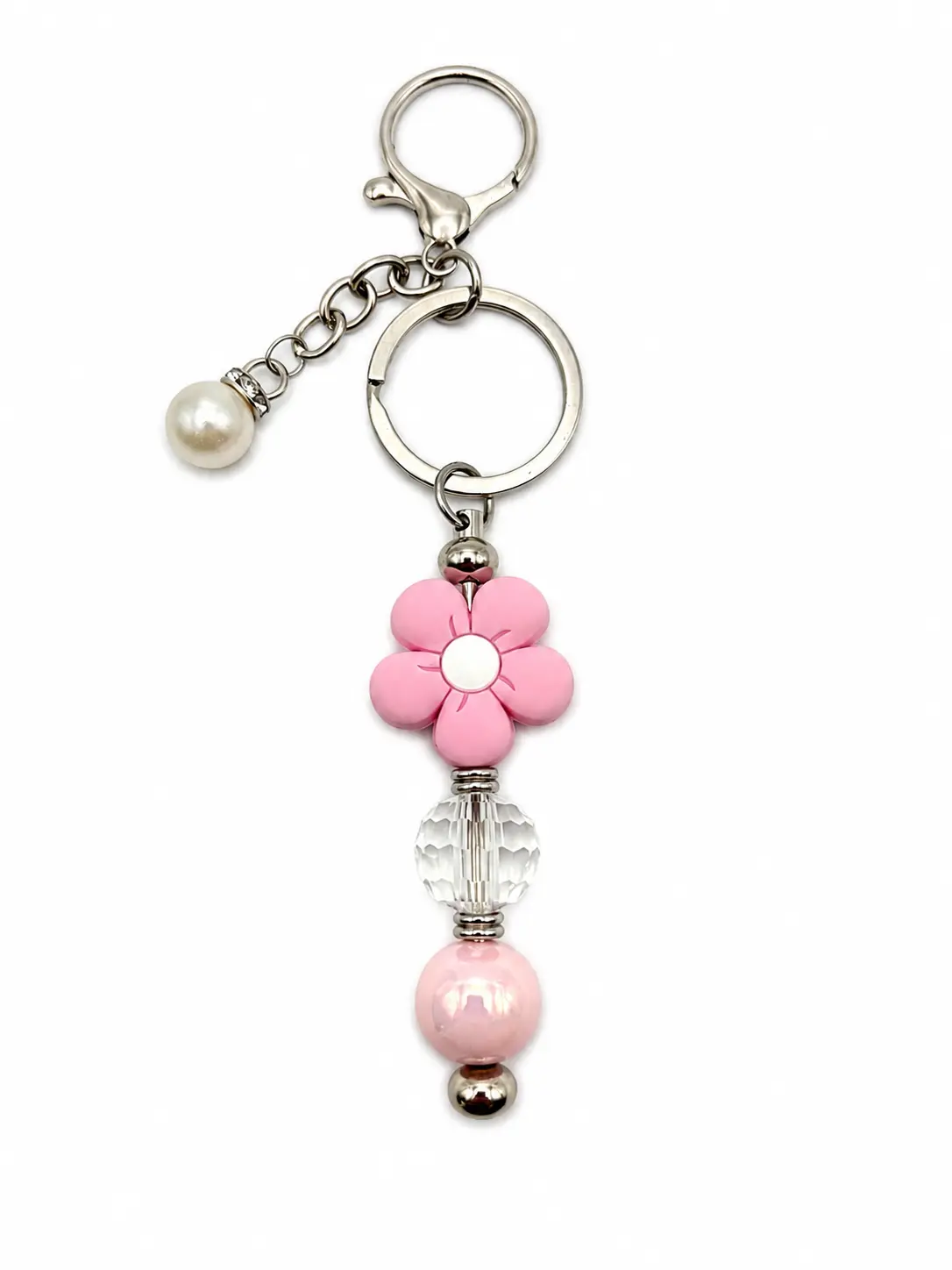 Pink Daisy Flower Beaded Keychain - Handmade Floral Key Ring Charm