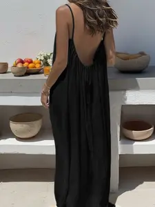 Women's Ice Silk Ruched Backless Long Dress, Casual Plain Design, Fitted Nightgown/robe Nightwear for Spring & Fall, Daily Wear or Vacation Beach Style