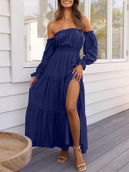 Women's 2026 Boho Sexy Off Shoulder Long Sleeve Smocked High Waist Side Split Flowy A Line Tiered Long Maxi Dress Solid Color Mother's Day gift