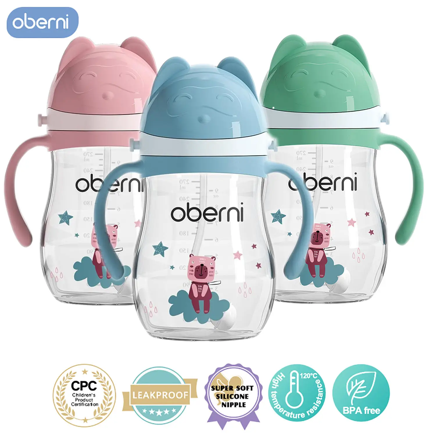 Oberni Leakproof Sippy Cups, Double Sealing No Spill Water Bottle with Weighted Straw and Non-Slip Handle for Toddler 1-3 Years Tritan Baby Cup 270ml/