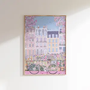 Paris Spring Cityscape Art Bicycle And Flowers Illustration Living Room Wall Art French Decor Wall Art Home Decor