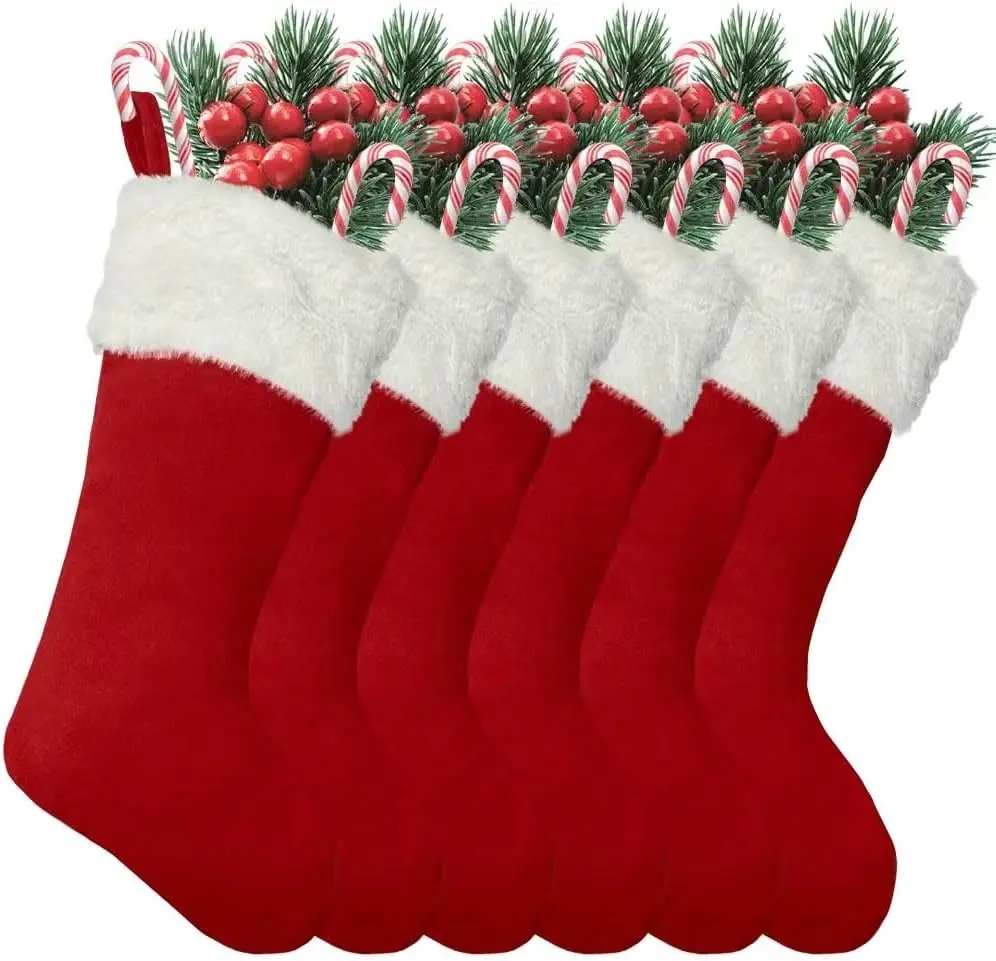 6Pack 20 Inch Large Red Traditional Vintage Plush Polyester Luxury Christmas Stockings for Family Xmas Holiday Party Decor Xmas Tree Fireplace Mantle Pet