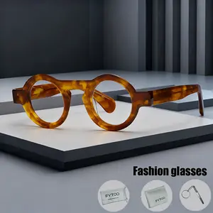 FYTOO 4pc Round Tortoise Acetate Glasses | Buy 3 Get 1 Free Feather-Light Temples | Retro Vibe for Office & Street Style | Unisex Lightweight Personality FT882218-C10JBW&K