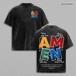 AMEN Classic Letter Header T-Shirt for Men Women Vintage Distressed Washed Cotton Casual Fit God Bless