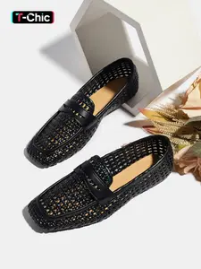 New Women's Square Toe Fashion Loafers, Rubber Sole, Comfortable Breathable Woven Hollow Office Commute Shoes, Slip-On Mom Style Casual Flats, Walking Shoes