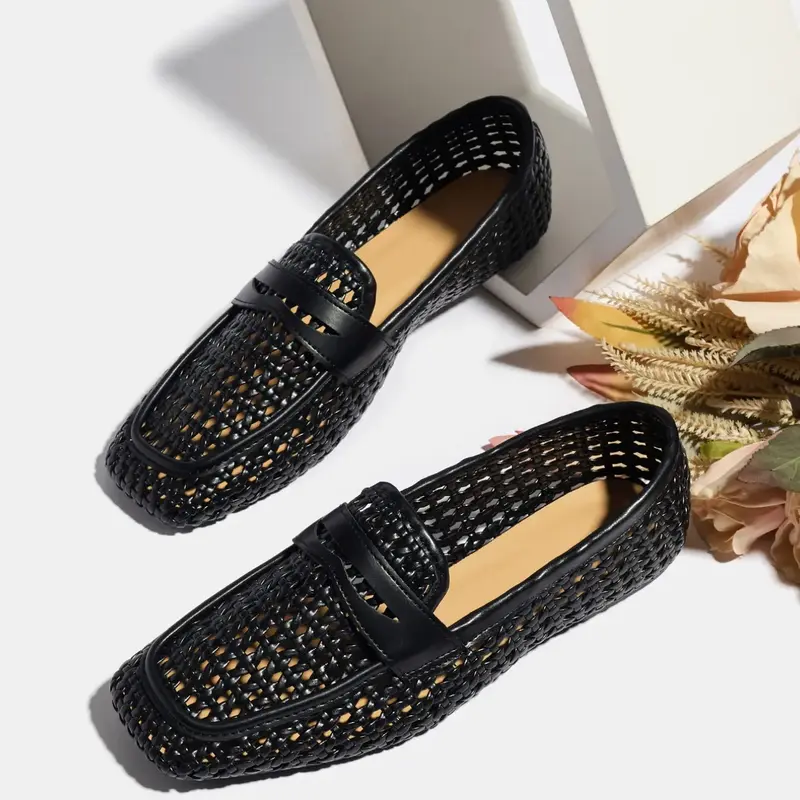 Women's Casual Vintage Square-Toe Woven Loafers, Breathable Slip-On Flats, Rubber Sole, Ideal for Office & Daily Wear, Square Toe Shoes