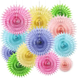 12PCS Paper Fans Pastel Rainbow Colorful Party Decorations Tissue Paper Flowers Decorations for Girl Groovy Birthday Shower Wedding Bachelorette Room Wall Hanging Décor