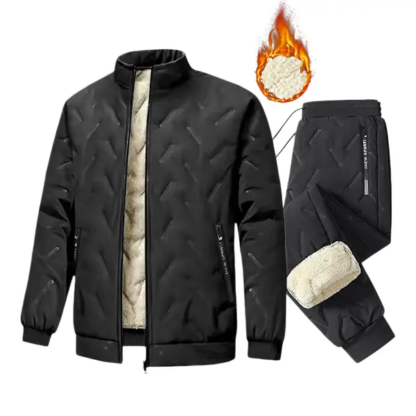 Men’s two-piece winter warm sports set: zip-up cotton jacket with a stand collar and fleece lining, paired with drawstring thermal jogger pants; windproof and water-resistant casual outfit suitable for extremely cold outdoor fishing, hiking, and everyday