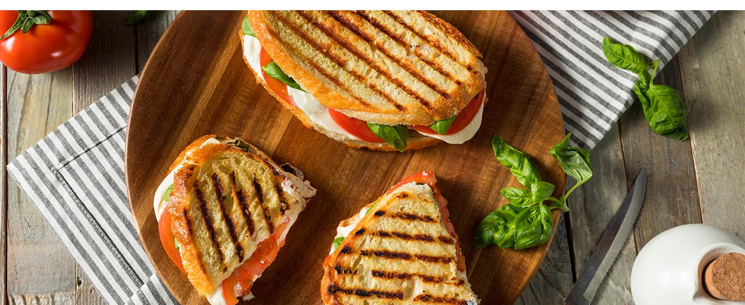 OSTBA Panini Press Grill with Adjustable Temperature 4-Slice Indoor Grill 180° Open Sandwich Maker Non-Stick Plates Stainless Steel 1200W Cast Aluminum Panini Press