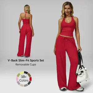 NVWA Women's Summervibes 2-Piece Fitted Basic Polyester-Silk Sweatsuit Set, Adjustable Lady’s V-Neck Top & Wide Leg Pants, Breathable Everyday Summer Wear,  Holiday Travel & Gym Yoga Outdoor Fun
