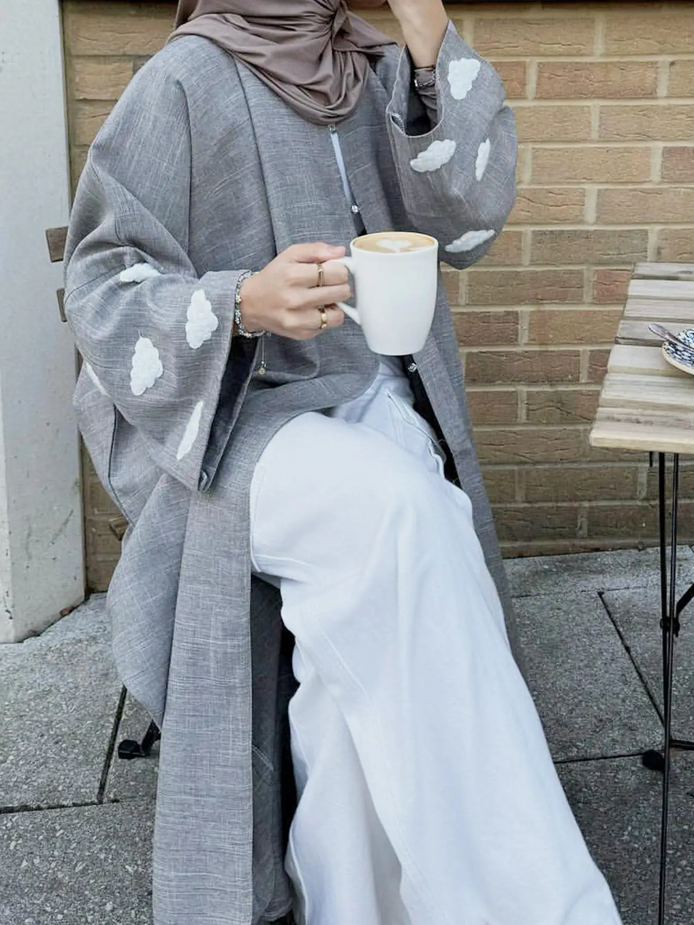 Women's Cloud Patched Flounce Sleeve Open Front Abaya without Hijab, Arabic Clothing, Casual Long Sleeve Outerwear, Ladies Clothes for Daily Wear, Ope