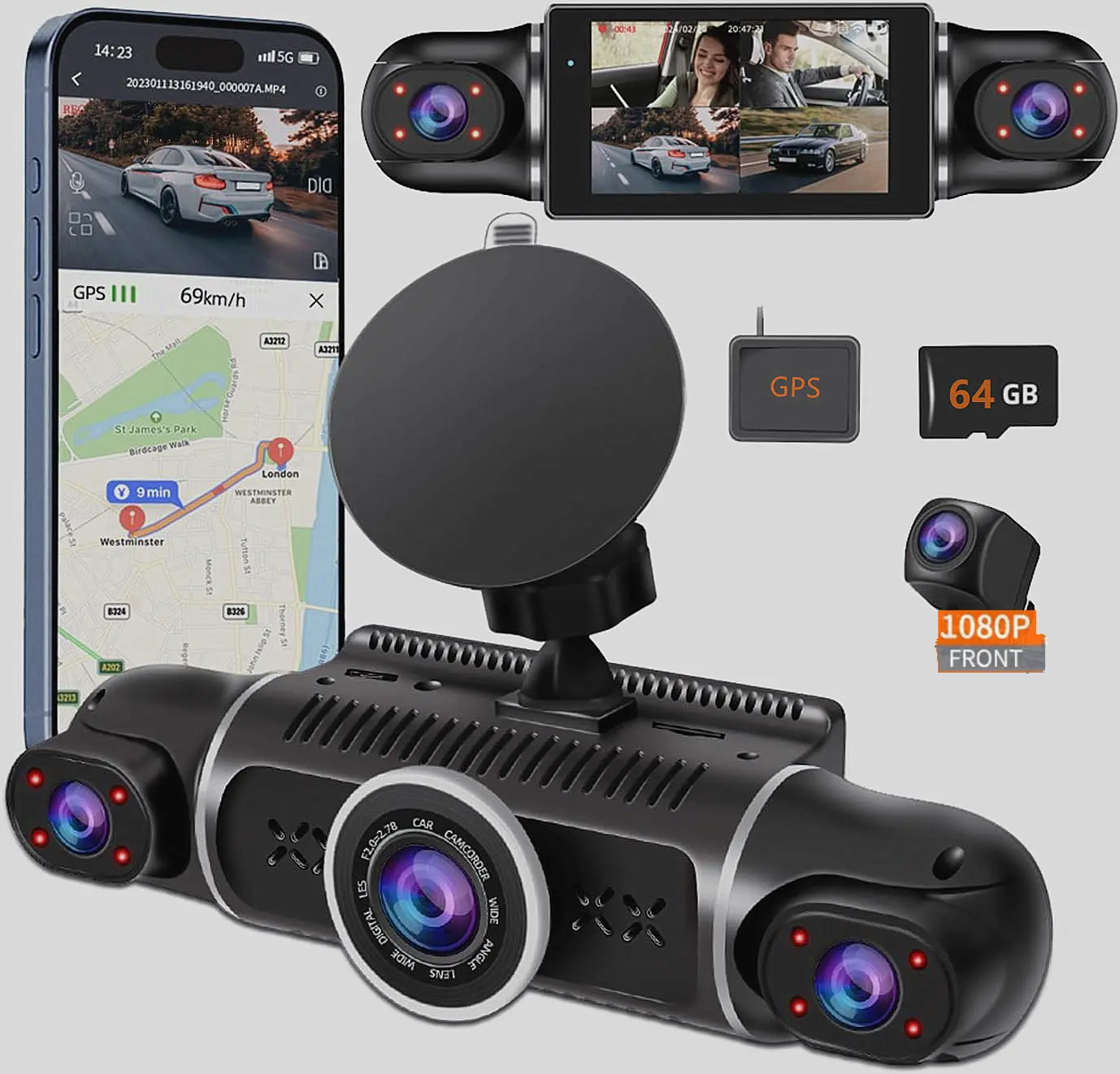 360°  FHD Dash Cam Front and Rear View 4 Channel Dash Camera for Car, Inside/Back 170°+2x150°+170° Wide Angle, 8 IR Lamps Night Vision,WiFi,GPS, APP,G-Sensor with 64GB Card,24/7 Parking Mode