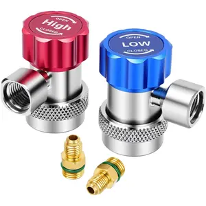 2PCS R134a Air Conditioning Quick Coupler Adapter,Adjustable 1/4 in High & Low Pressure Manifold Gauge Adapters and AC Hose Fittings for R134a Car AC System
