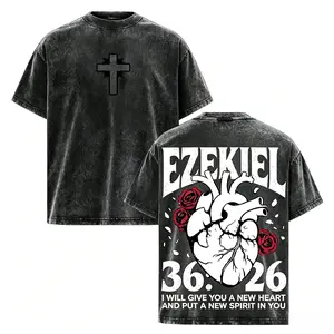 Ezekiel 36:26 New Heart Washed Black Christian Graphic Tee | Cross & Anatomical Heart with Roses Oversized Vintage Faith Streetwear T-Shirt