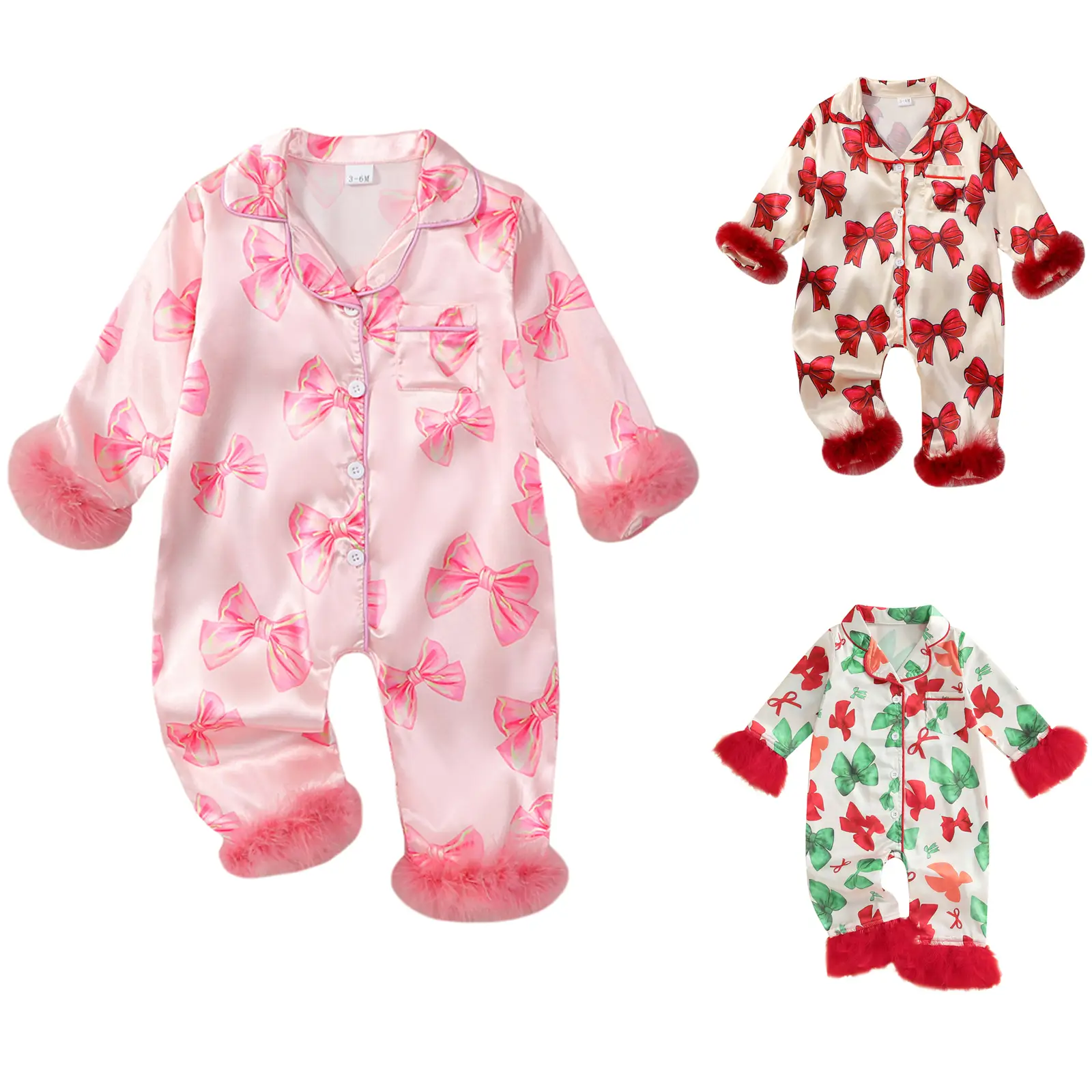 Newborn Baby Girl Pajamas Long Sleeve Feather Trim Romper Jumpsuit Button Down Nightgown Infant Silk Pjs Baby Sleepwear
