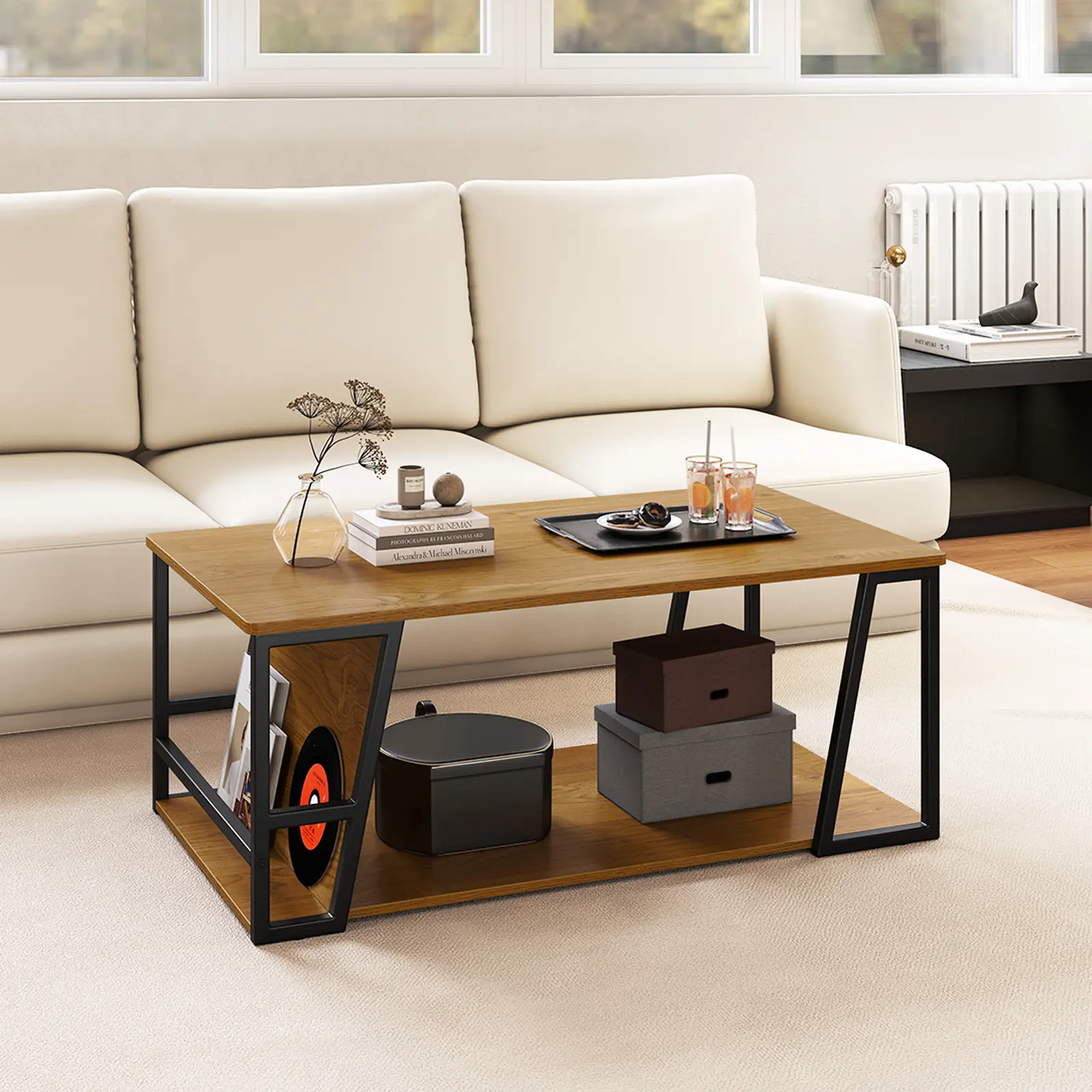 COSTWAY - Rectangle Coffee Table 2-tier Industrial Accent Table with Storage Shelf and Compartment-Natural