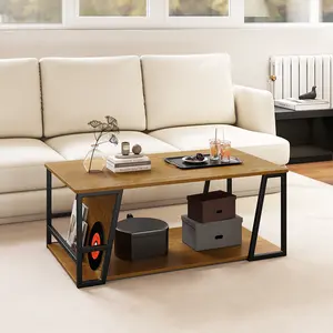 COSTWAY - Rectangle Coffee Table 2-tier Industrial Accent Table with Storage Shelf and Compartment-Natural