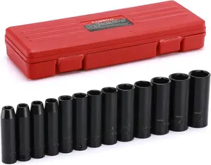 13 count 3/8-Inch Drive Impact Socket Set, 6-Point, Metric, Deep, CR-V, 7mm to 19mm, Heavy Duty Blow Molded Storage Case