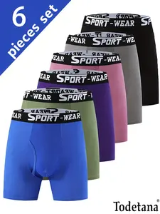 6 Packs Men's Solid Color/Letter Tape Stretchy Boxer Briefs,Casual Comfy Slim Fit Breathable Moisture Absorption Opening Crotch Underwear for Daily Wear,Mens Underwear for All Seasons, Undergarments,Athleisure Menswear, Underwear Boxer Briefs