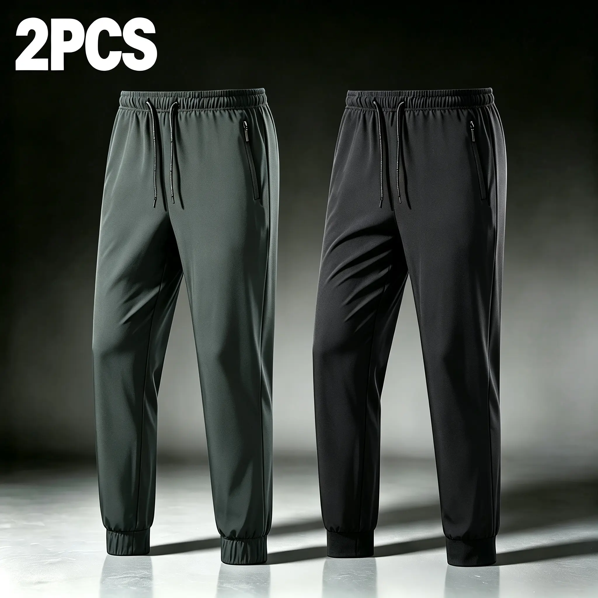 Men’s 2-piece set quick-dry athletic pants with sleeves: lightweight, stretchy, waterproof long pants featuring an elastic waistband band and a zipper closure; breathable and comfortable—suitable for sports, hiking, casual activities. bottoms mens