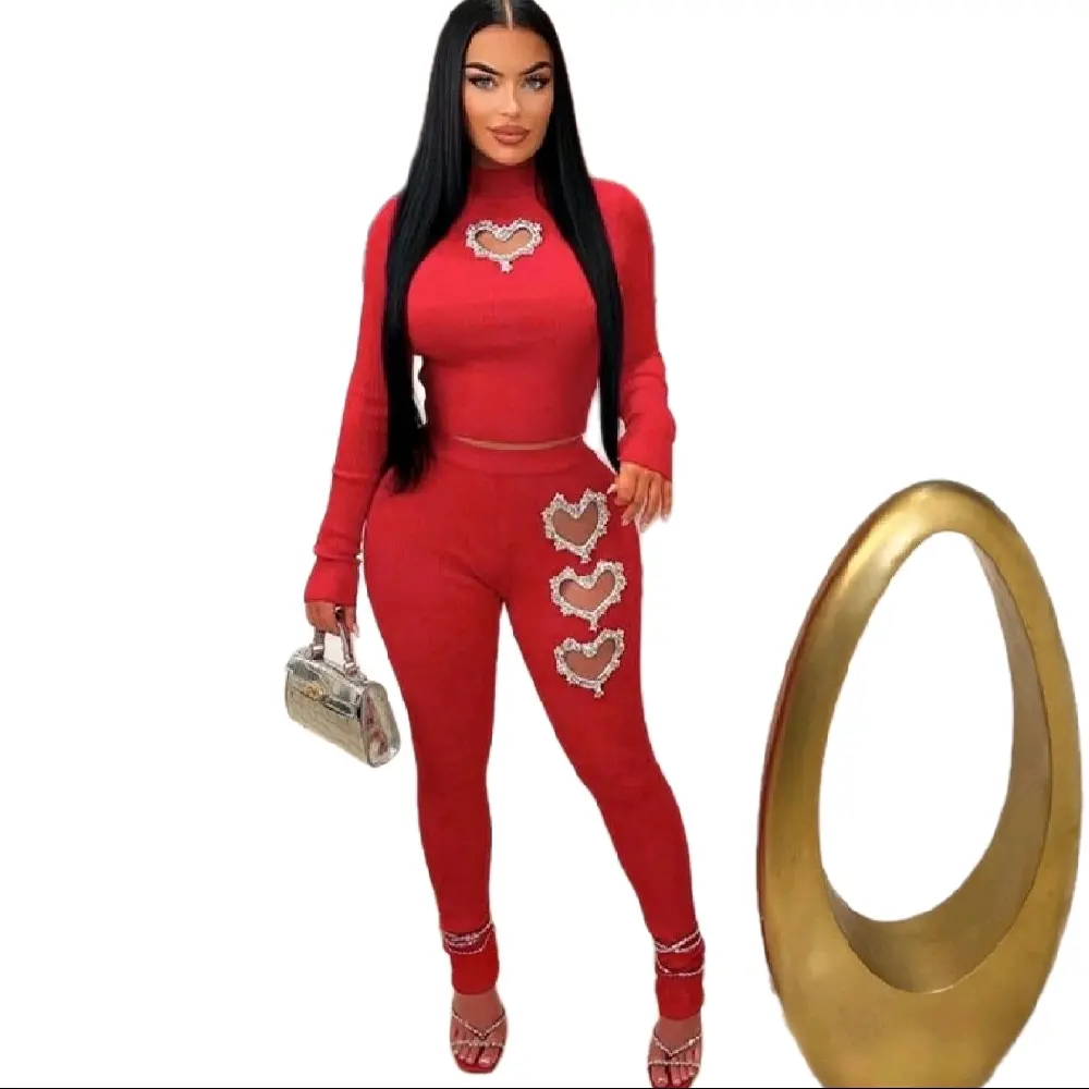 Heart Hollow Out Two-Piece Set in Red with Unique Design Features Long Sleeve
