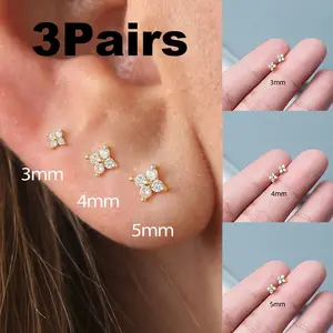 3-Pairs Mini Flower Earrings Elegant Ladies Stud Earrings Set Exquisite Luxury Zirconia Stud Earrings Women Bohemian Handcrafted Shiny Earrings Chic Jewelry Wedding Party Gift